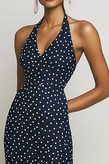 Navy Sheath Halter Long White Polka Dots Dress